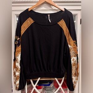 Free People Black Waffle Knit Top with Mixed Media Sleeves